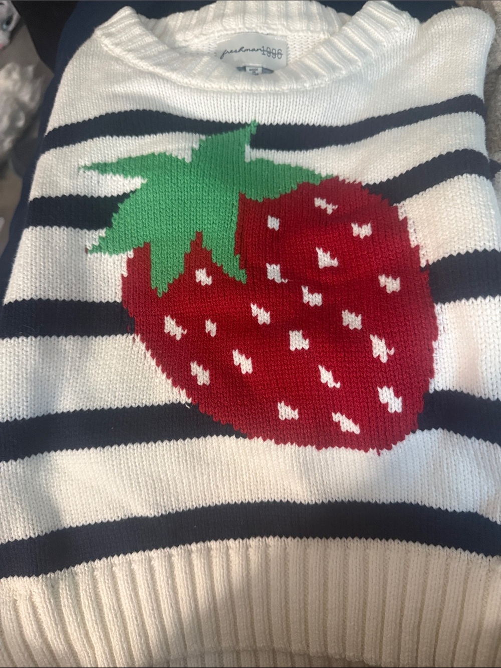 Striped V-Neck Sweater with Red Strawberry Motif